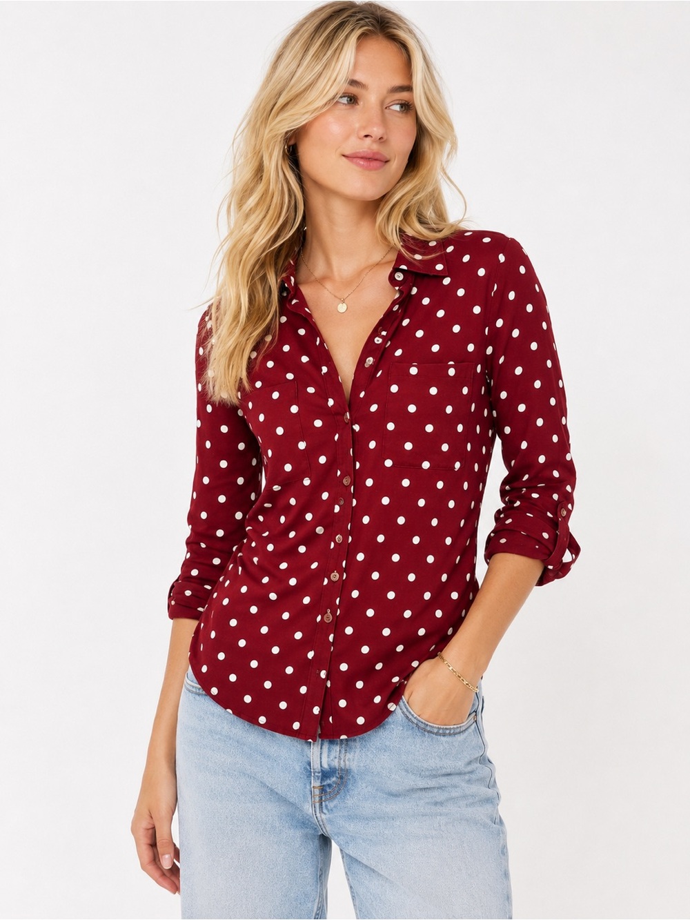 Express Red White Polka Dot Portofino Button Up Blouse Top Small
